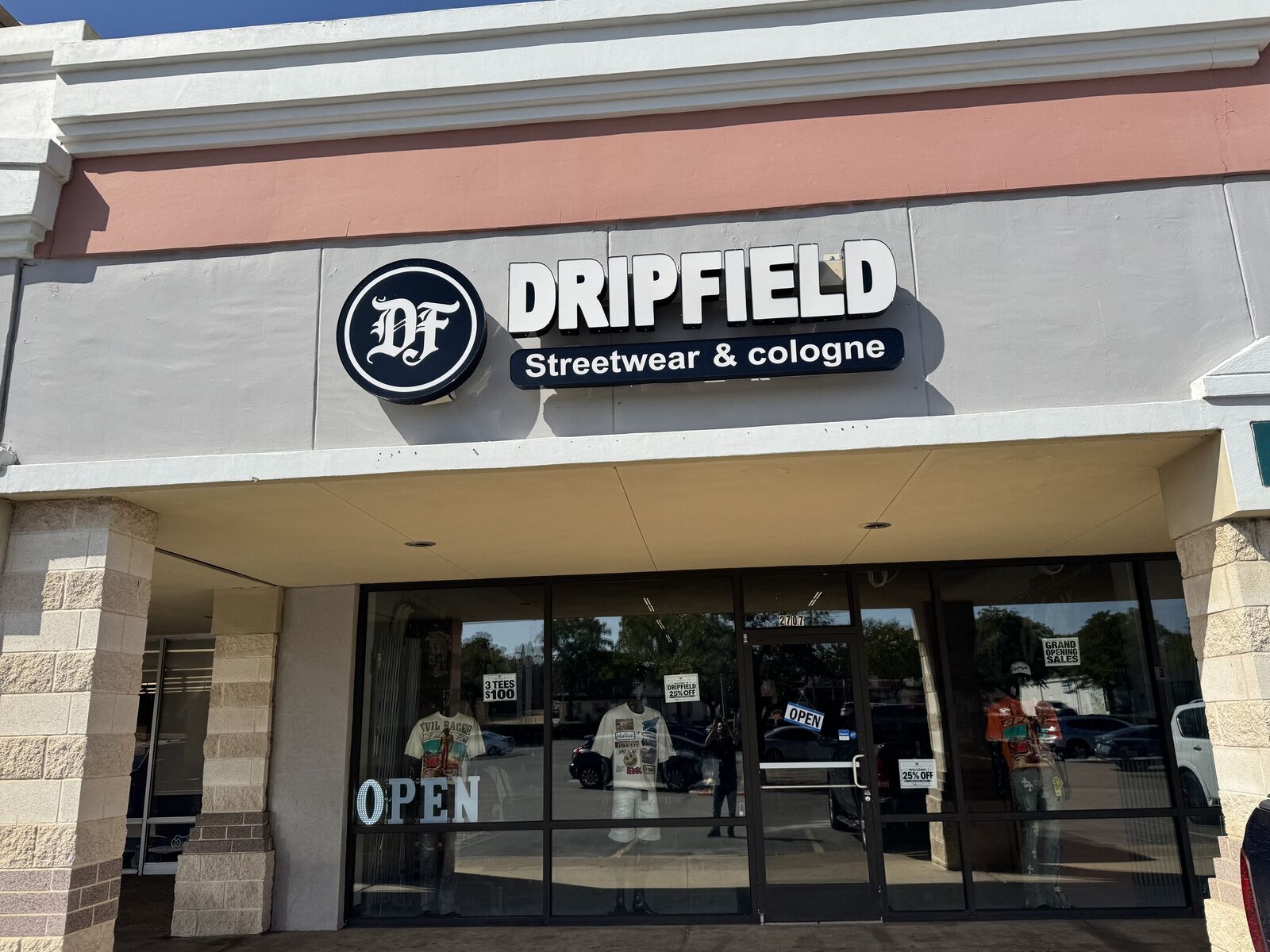 DripField streetwear and cologne store front at 2707 W Park Row Dr, Arlington TX